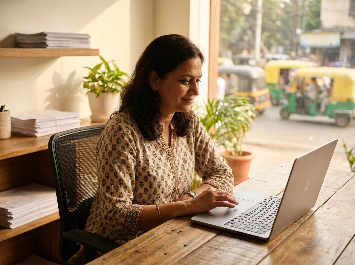 A business owner reviewing the new website